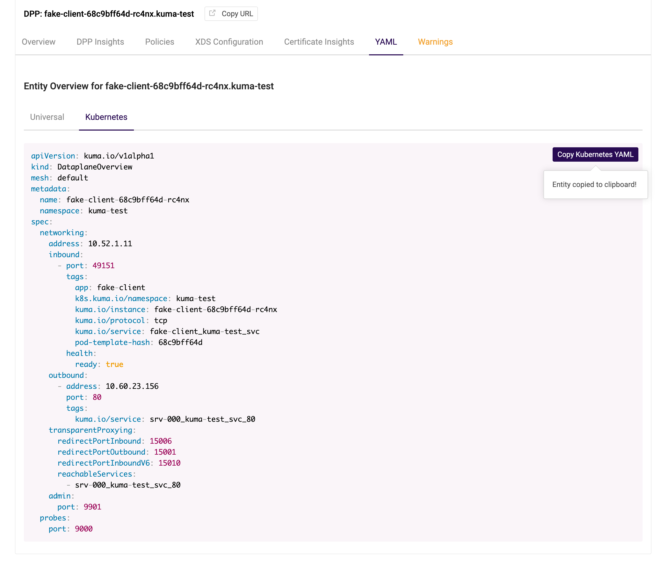 A screenshot of the YAML to clipboard feature in the Kuma GUI